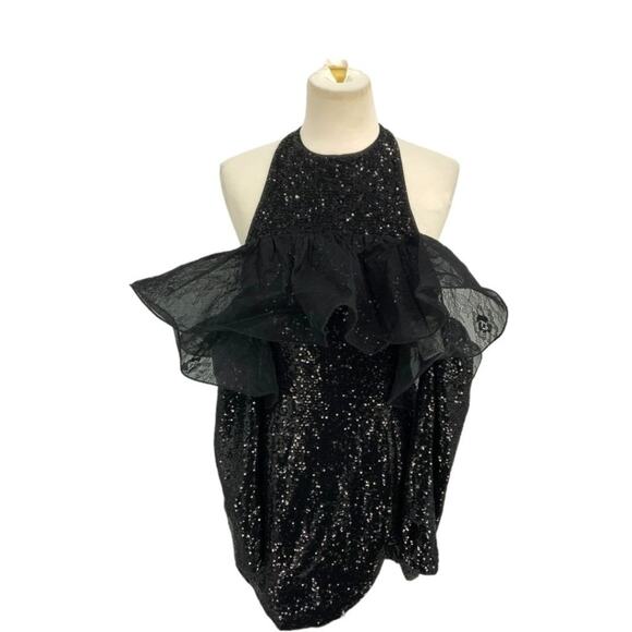 ASOS LUXE Halter Neck Wire Lace Organza Mini Dress Black Sequin Size 8 NWOT $135 - Picture 2 of 9